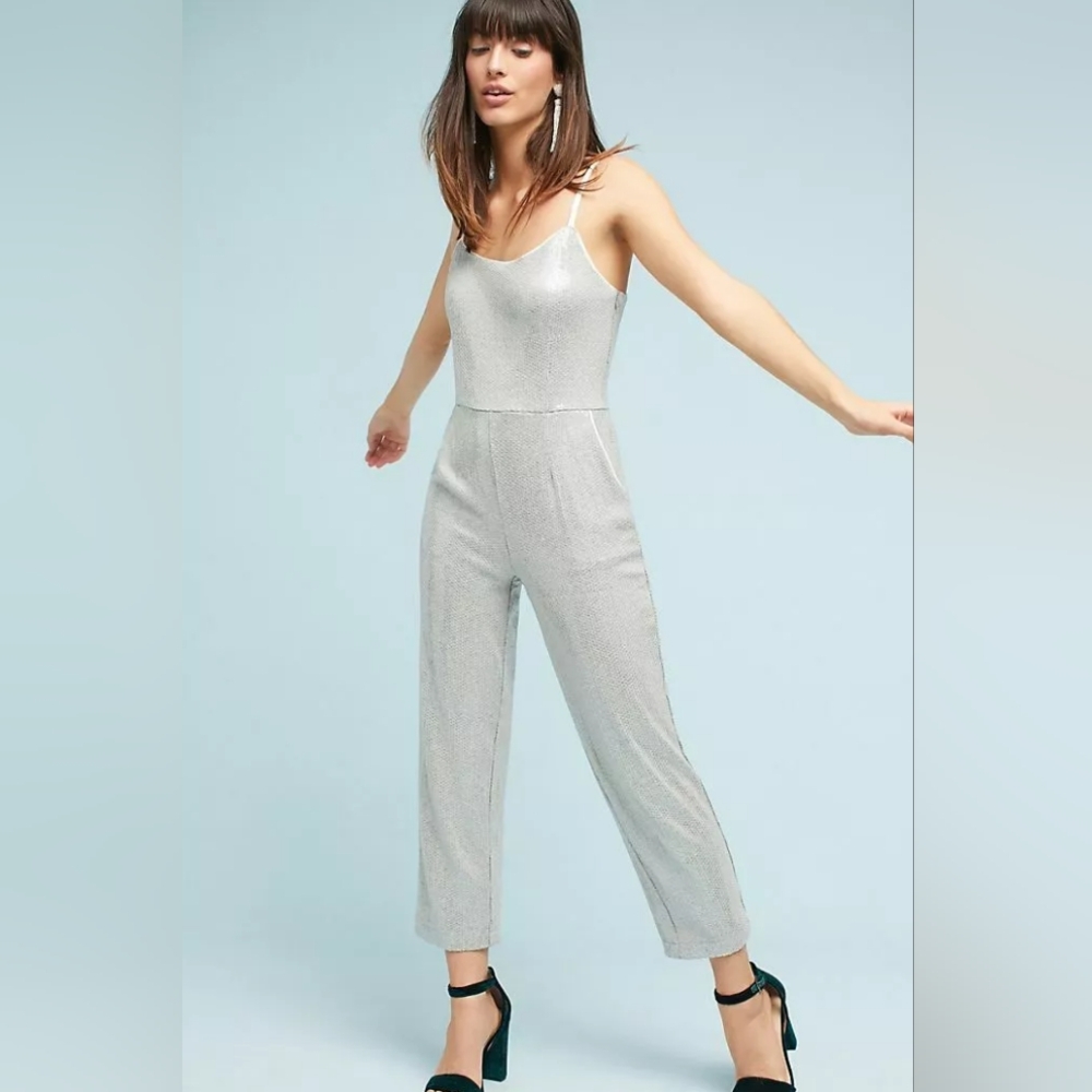 Anthropologie Silver Sequin Claudette Jumpsuit - Picture 2 of 4
